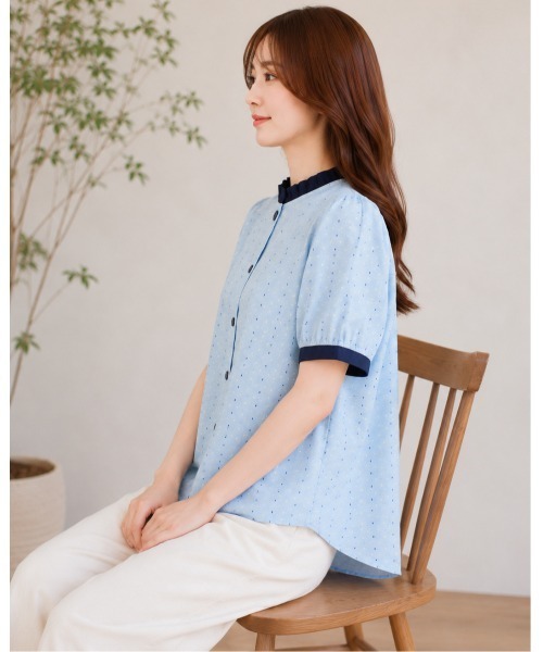 FAZVY（ファズビー）の「フリルネックドットブラウス（シャツ/ブラウス・レディース・ベージュ/スカイブルー・M）」の10枚目の写真