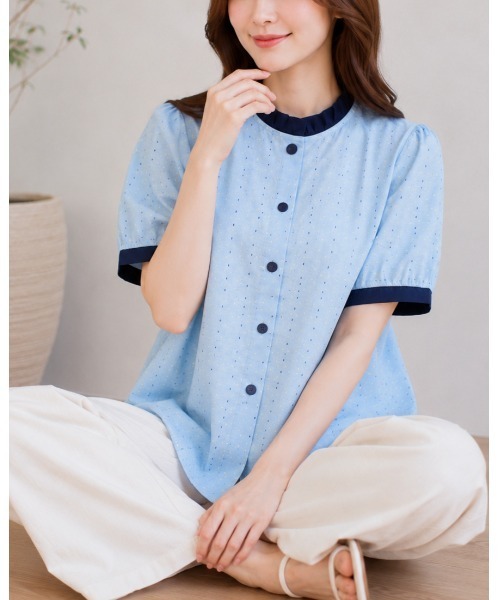 FAZVY（ファズビー）の「フリルネックドットブラウス（シャツ/ブラウス・レディース・ベージュ/スカイブルー・M）」の12枚目の写真