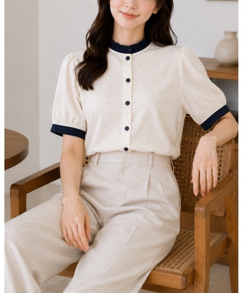FAZVY（ファズビー）の「フリルネックドットブラウス（シャツ/ブラウス・レディース・ベージュ/スカイブルー・M）」の22枚目の写真