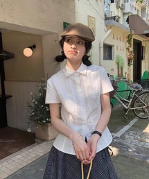 レースプリーツウエスト絞り白半袖シャツ