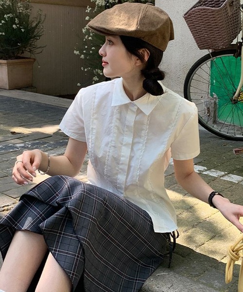 AsheKsha（アシクシャ）の「レースプリーツウエスト絞り白半袖シャツ（シャツ/ブラウス・レディース・ホワイト・M）」の4枚目の写真