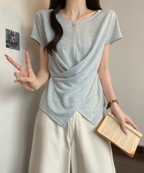 Girly Doll(ガーリードール)の「サイドボタンカシュクール半袖シアーカットソー(Tシャツ/カットソー・レディース・ホワイト/ライトブルー/ピンク・FREE)」の12枚目の写真