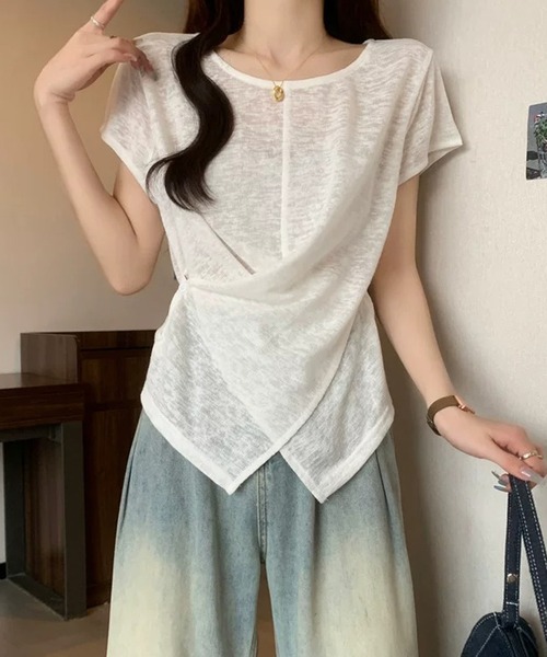 Girly Doll(ガーリードール)の「サイドボタンカシュクール半袖シアーカットソー(Tシャツ/カットソー・レディース・ホワイト/ライトブルー/ピンク・FREE)」の4枚目の写真
