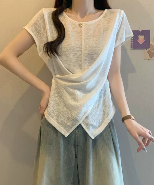 Girly Doll(ガーリードール)の「サイドボタンカシュクール半袖シアーカットソー(Tシャツ/カットソー・レディース・ホワイト/ライトブルー/ピンク・FREE)」の5枚目の写真