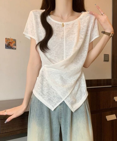 Girly Doll(ガーリードール)の「サイドボタンカシュクール半袖シアーカットソー(Tシャツ/カットソー・レディース・ホワイト/ライトブルー/ピンク・FREE)」の6枚目の写真