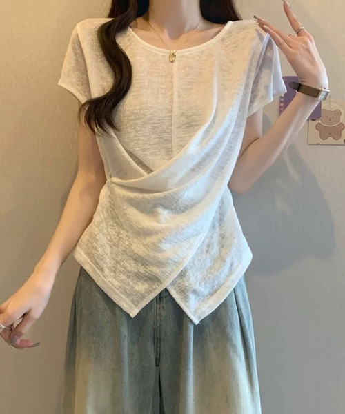 Girly Doll(ガーリードール)の「サイドボタンカシュクール半袖シアーカットソー(Tシャツ/カットソー・レディース・ホワイト/ライトブルー/ピンク・FREE)」の11枚目の写真