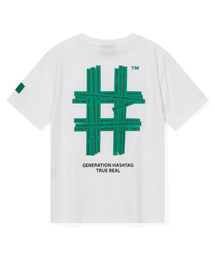 ウィメンズグリーンテーピングハッシュタグ半袖Tシャツ（オフホワイト）