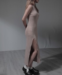ハイネックノースリーブリブニットスリットロングワンピース