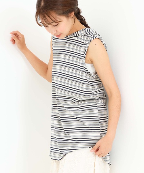 HEART MARKET(ハートマーケット)の「マルチボーダーフードノースリチュニック(Tシャツ/カットソー・レディース・ベージュ/サックスブルー/ピンク/イエロー/ネイビー・FREE)」の2枚目の写真