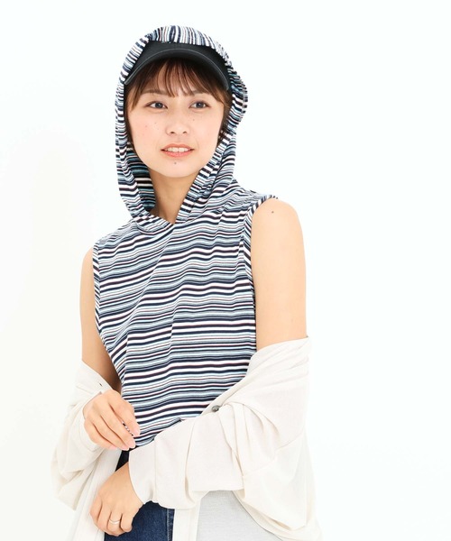 HEART MARKET(ハートマーケット)の「マルチボーダーフードノースリチュニック(Tシャツ/カットソー・レディース・ベージュ/サックスブルー/ピンク/イエロー/ネイビー・FREE)」の12枚目の写真