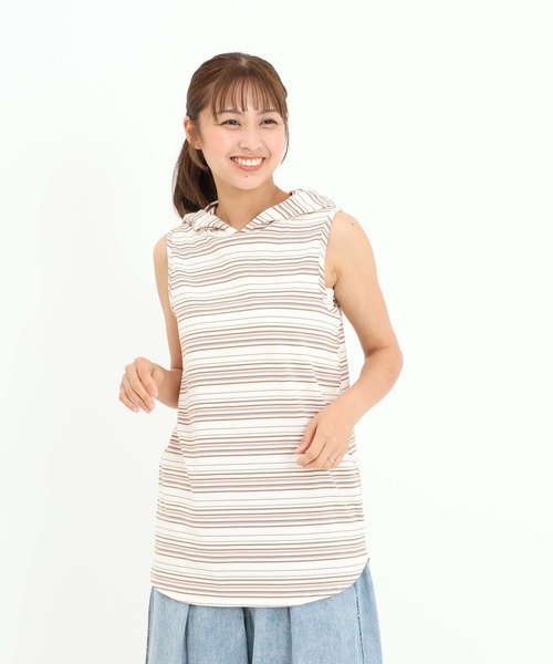 HEART MARKET(ハートマーケット)の「マルチボーダーフードノースリチュニック(Tシャツ/カットソー・レディース・ベージュ/サックスブルー/ピンク/イエロー/ネイビー・FREE)」の15枚目の写真
