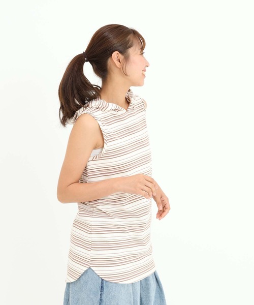 HEART MARKET(ハートマーケット)の「マルチボーダーフードノースリチュニック(Tシャツ/カットソー・レディース・ベージュ/サックスブルー/ピンク/イエロー/ネイビー・FREE)」の16枚目の写真