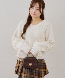 袖レースアップラメモールニット