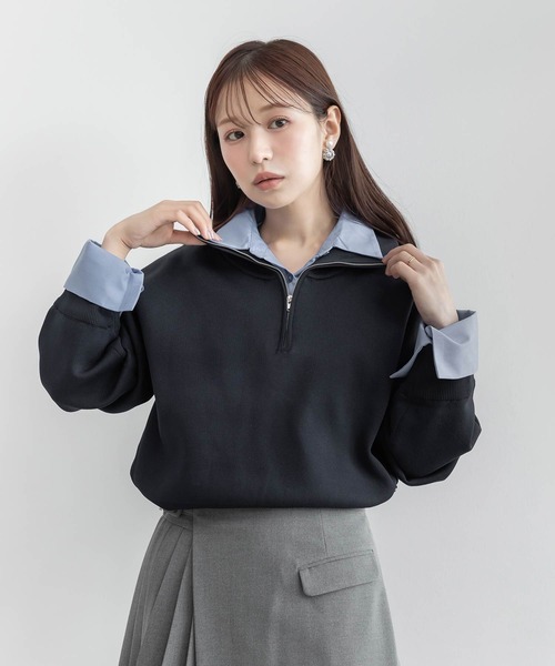 RANDA(ランダ)の「【選べる丈感】【SUSTAINABLE】2WAY シャツデザインハーフジップニット(ニット/セーター・レディース・ネイビー/ブラウン/グレー・FREE/FT)」の1枚目の写真