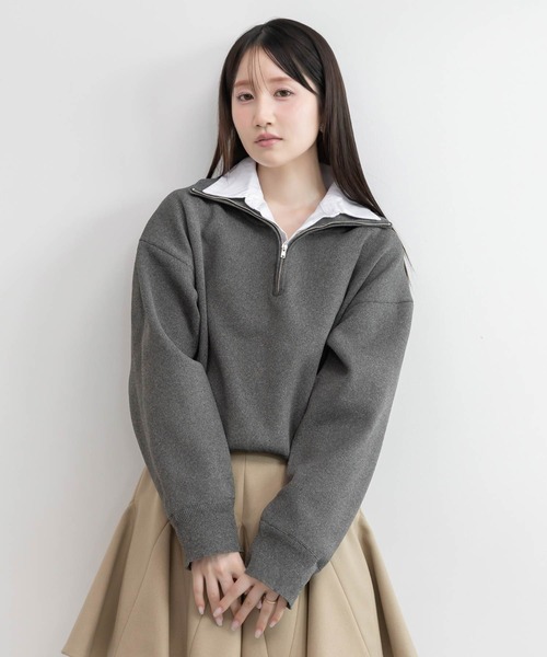 RANDA(ランダ)の「【選べる丈感】【SUSTAINABLE】2WAY シャツデザインハーフジップニット(ニット/セーター・レディース・ネイビー/ブラウン/グレー・FREE/FT)」の2枚目の写真