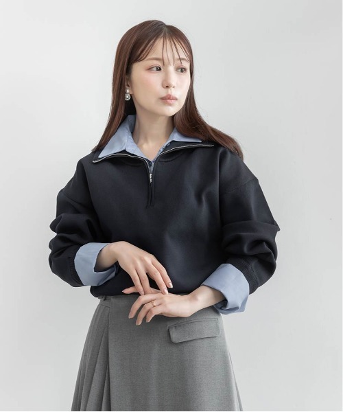 RANDA(ランダ)の「【選べる丈感】【SUSTAINABLE】2WAY シャツデザインハーフジップニット(ニット/セーター・レディース・ネイビー/ブラウン/グレー・FREE/FT)」の6枚目の写真