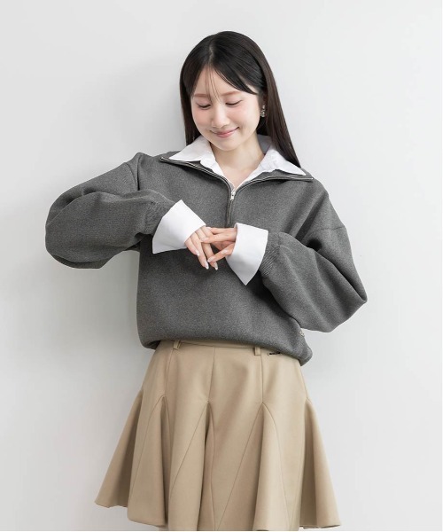 RANDA(ランダ)の「【選べる丈感】【SUSTAINABLE】2WAY シャツデザインハーフジップニット(ニット/セーター・レディース・ネイビー/ブラウン/グレー・FREE/FT)」の12枚目の写真