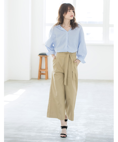 Re:EDIT（リエディ）の「[シンプルな美シルエパンツは大人コーデの強い味方]ベルテッドコットンツイルワイドパンツボトムス/パンツ/ワイドパンツ・ガウチョパンツ[リエディ]（その他パンツ・レディース・ブルー/ブラウン/ベージュ/プラム/ブラック/カーキ/マスタード・MEDIUM/SMALL/LARGE）」の22枚目の写真