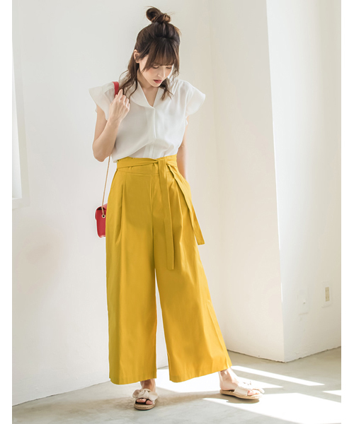 Re:EDIT（リエディ）の「[シンプルな美シルエパンツは大人コーデの強い味方]ベルテッドコットンツイルワイドパンツボトムス/パンツ/ワイドパンツ・ガウチョパンツ[リエディ]（その他パンツ・レディース・ブルー/ブラウン/ベージュ/プラム/ブラック/カーキ/マスタード・MEDIUM/SMALL/LARGE）」の18枚目の写真