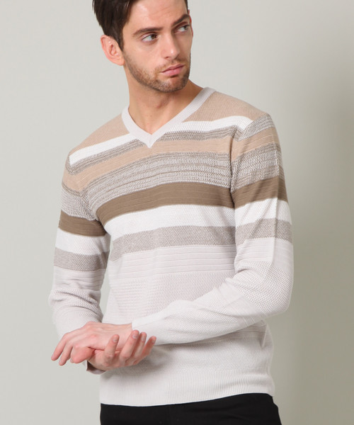 MEN'S MELROSE(メンズ メルローズ)の「マルチボーダーブロッキングニット(ニット/セーター)」|ベージュ
