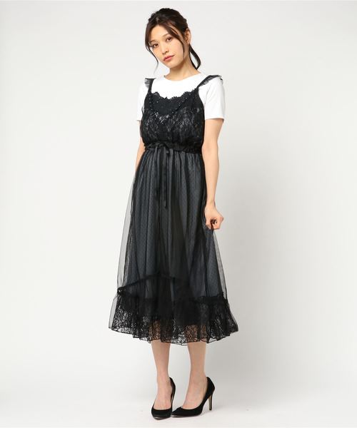 【美品♡希少40】エムズグレイシー　カメリアチュールレースフレアワンピース　黒 美品♡希少40】エムズグレイシー カメリアチュールレースフレア
