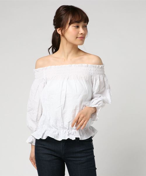 WEGO（ウィゴー）の「WEGO/シアサッカーフリルオフショルブラウス（シャツ/ブラウス・レディース・ブルー系その他4/ブラック系その他2/ホワイト/ライトイエロー・FREE）」の12枚目の写真