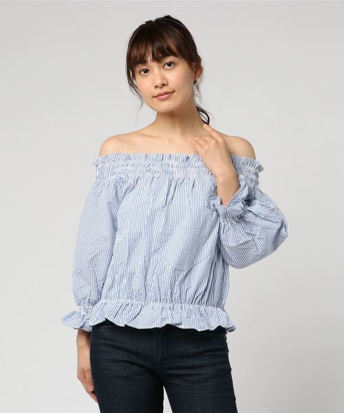 WEGO（ウィゴー）の「WEGO/シアサッカーフリルオフショルブラウス（シャツ/ブラウス・レディース・ブルー系その他4/ブラック系その他2/ホワイト/ライトイエロー・FREE）」の10枚目の写真