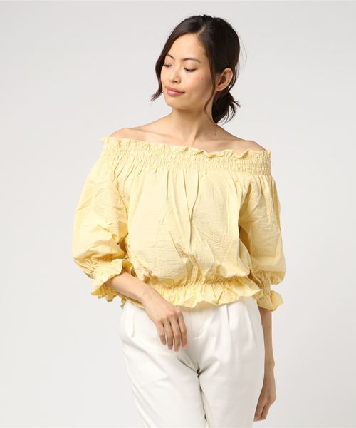 WEGO（ウィゴー）の「WEGO/シアサッカーフリルオフショルブラウス（シャツ/ブラウス・レディース・ブルー系その他4/ブラック系その他2/ホワイト/ライトイエロー・FREE）」の9枚目の写真