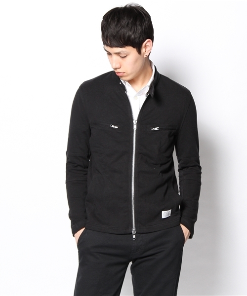 AZUL by moussy（アズールバイマウジー）の「16/-OE×32slubシングルライダース（ライダースジャケット・メンズ・ブラック/グレー×ホワイト・MEDIUM/LARGE/X-LARGE/SMALL）」の2枚目の写真