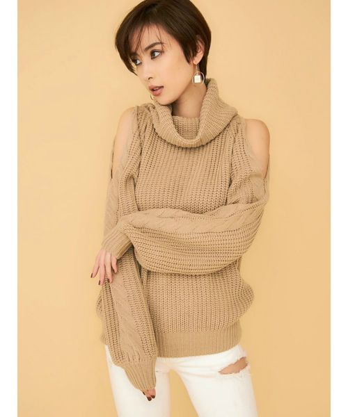 GYDA（ジェイダ）の「ケーブルショルダーニットトップス（ニット/セーター・レディース・ブラック/ベージュ/ピンク/アイボリー・FREE）」の5枚目の写真