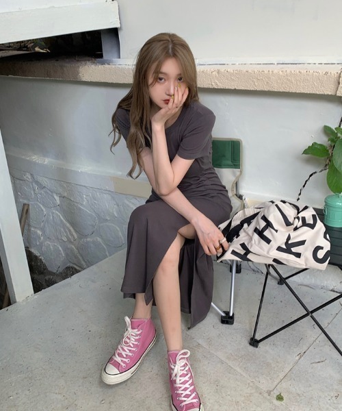 Opinion korean town（オピニオン コリアン タウン）の「Ｔシャツマキシワンピース（ワンピース・レディース・ブラック/チャコールグレー・FREE）」の6枚目の写真