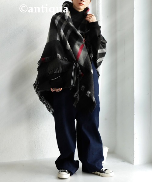antiqua（アンティカ）の「2wayチェック柄ポンチョ（ストール/ショール・レディース・ブラック/グレー・FREE）」の5枚目の写真