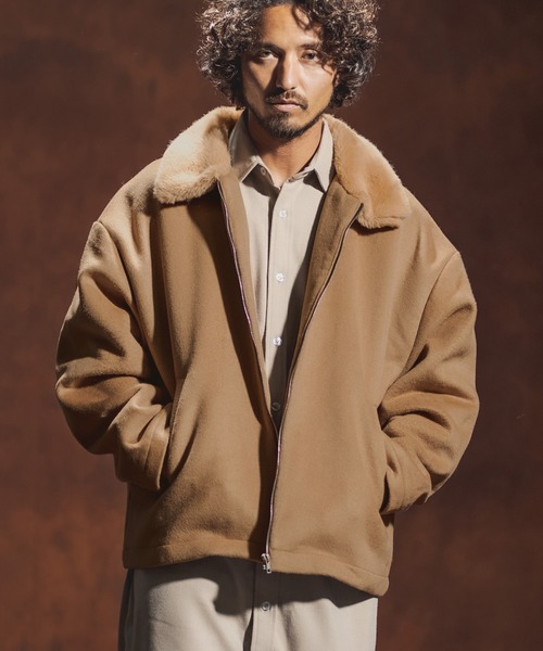 Jih Nunc（ジーヌンク）の「mj8139-エコファーカラーメルトンブルゾン（ブルゾン・メンズ・ブラック/ベージュ・S/M/L）」の2枚目の写真