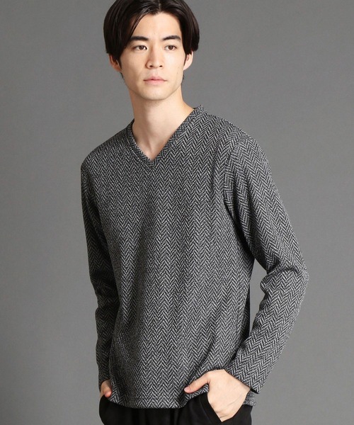 HIDEAWAYS NICOLE（ハイダウェイニコル）の「リンクスヘリンボンニットボンディングＶネックプルオーバー（ニット/セーター・メンズ・ブラック/オフホワイト/ボルドー/ホワイト×ブラック・MEDIUM/X-LARGE/LARGE）」の3枚目の写真