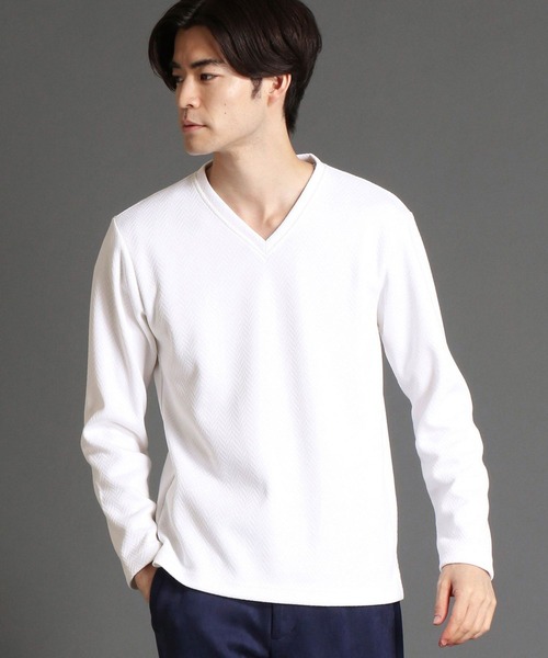 HIDEAWAYS NICOLE（ハイダウェイニコル）の「リンクスヘリンボンニットボンディングＶネックプルオーバー（ニット/セーター・メンズ・ブラック/オフホワイト/ボルドー/ホワイト×ブラック・MEDIUM/X-LARGE/LARGE）」の2枚目の写真