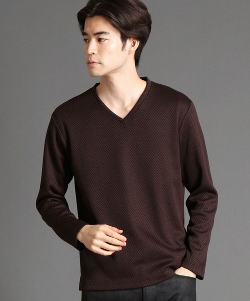 HIDEAWAYS NICOLE（ハイダウェイニコル）の「リンクスヘリンボンニットボンディングＶネックプルオーバー（ニット/セーター・メンズ・ブラック/オフホワイト/ボルドー/ホワイト×ブラック・MEDIUM/X-LARGE/LARGE）」の4枚目の写真