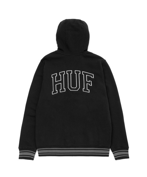 HUF（ハフ）の「TRANSIT ZIP-UP HOODIE / HUF ジップフード パーカー カレッジロゴ（パーカー・メンズ・ブラック/チョコ・X-LARGE/LARGE/XX-LARGE/MEDIUM/SMALL）」の3枚目の写真