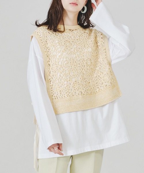acro（アクロ）の「配色かぎ針ニットベスト/AC1336（ベスト・レディース・ベージュ/ブラウン/イエロー・ﾌﾘ-）」の3枚目の写真