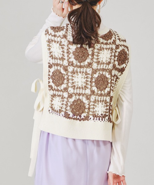 acro（アクロ）の「配色かぎ針ニットベスト/AC1336（ベスト・レディース・ベージュ/ブラウン/イエロー・ﾌﾘ-）」の4枚目の写真