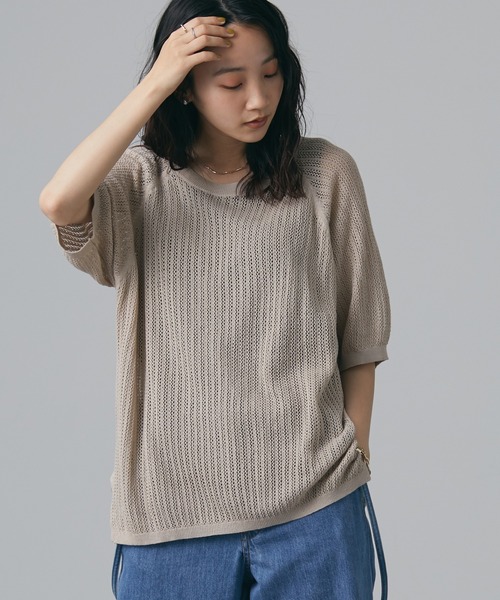 CRAFT STANDARD BOUTIQUE(クラフトスタンダードブティック)の「【手洗い】クルーネックメッシュ半袖ゆるニットプルオーバー *◆(ニット/セーター・レディース・チャコールグレー/ブラック/ピンク/イエロー/グリーン/ライトベージュ・FREE)」の4枚目の写真