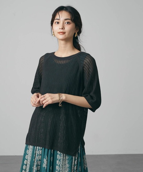 CRAFT STANDARD BOUTIQUE(クラフトスタンダードブティック)の「【手洗い】クルーネックメッシュ半袖ゆるニットプルオーバー *◆(ニット/セーター・レディース・チャコールグレー/ブラック/ピンク/イエロー/グリーン/ライトベージュ・FREE)」の3枚目の写真