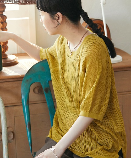 CRAFT STANDARD BOUTIQUE(クラフトスタンダードブティック)の「【手洗い】クルーネックメッシュ半袖ゆるニットプルオーバー *◆(ニット/セーター・レディース・チャコールグレー/ブラック/ピンク/イエロー/グリーン/ライトベージュ・FREE)」の6枚目の写真