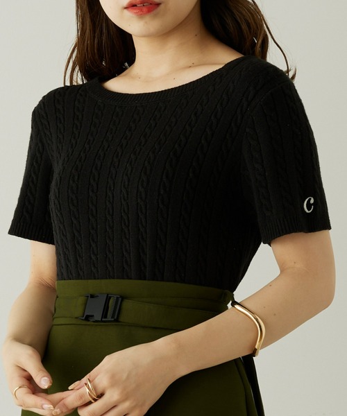 Chico(チコ)の「ショート丈ケーブル半袖チビニット(ニット/セーター・レディース・アイボリー/ブラック/ベージュ/グリーン・FREE)」の3枚目の写真