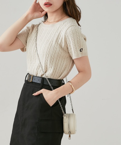 Chico(チコ)の「ショート丈ケーブル半袖チビニット(ニット/セーター・レディース・アイボリー/ブラック/ベージュ/グリーン・FREE)」の8枚目の写真