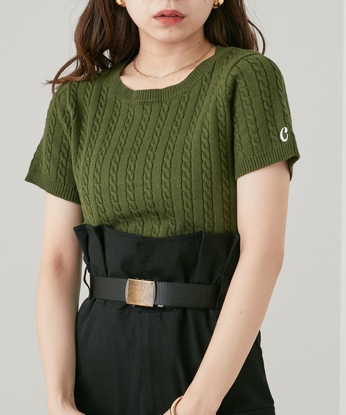 Chico(チコ)の「ショート丈ケーブル半袖チビニット(ニット/セーター・レディース・アイボリー/ブラック/ベージュ/グリーン・FREE)」の10枚目の写真