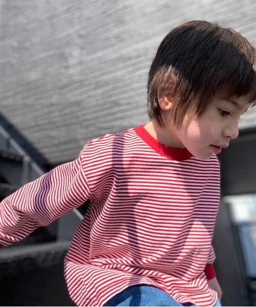 GROOVY COLORS(グルービーカラーズ)の「天竺ボーダー 長袖 Tシャツ(Tシャツ/カットソー・キッズ・ライトカーキ/レッド/ブラック・110/100/120/90)」の3枚目の写真