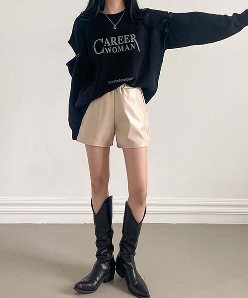 BEIDELLI（ベイデリー）の「[BELLIDE MADE] ウエストゴムフェイクレザーショートパンツ（その他パンツ・レディース・ベージュ/ブラック・FREE）」の6枚目の写真