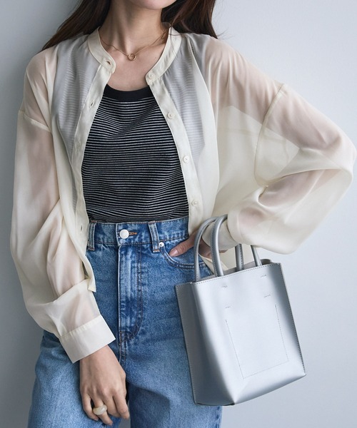 Chaco closet（チャコ クローゼット）の「シアースタンドカラーショート丈シャツ（シャツ/ブラウス・レディース・モカ/ライム/ライトグリーン/ピンク/ブラック/アイボリー/ブルーグレー・FREE）」の8枚目の写真