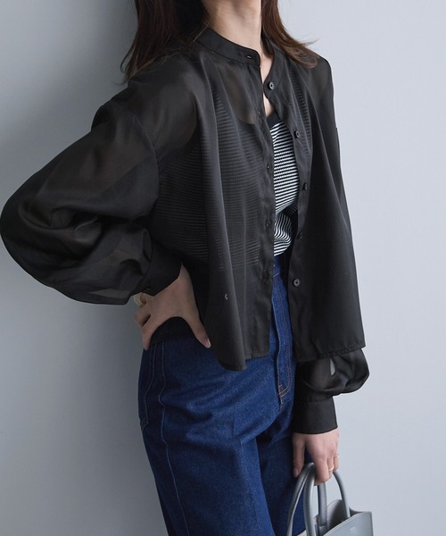 Chaco closet（チャコ クローゼット）の「シアースタンドカラーショート丈シャツ（シャツ/ブラウス・レディース・モカ/ライム/ライトグリーン/ピンク/ブラック/アイボリー/ブルーグレー・FREE）」の22枚目の写真