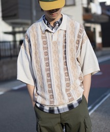 レトロジャガードストライプ ビッグニットポロシャツ